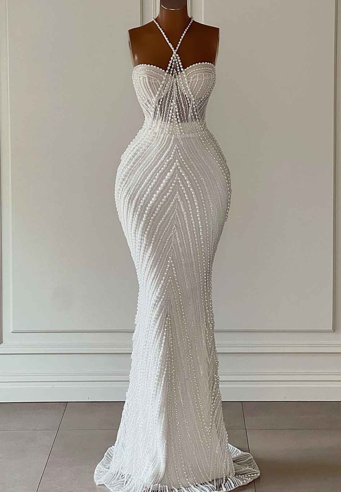 Halter Straps Sweetheart Beaded Emboridery Wedding Dress Mermaid Evening Dress