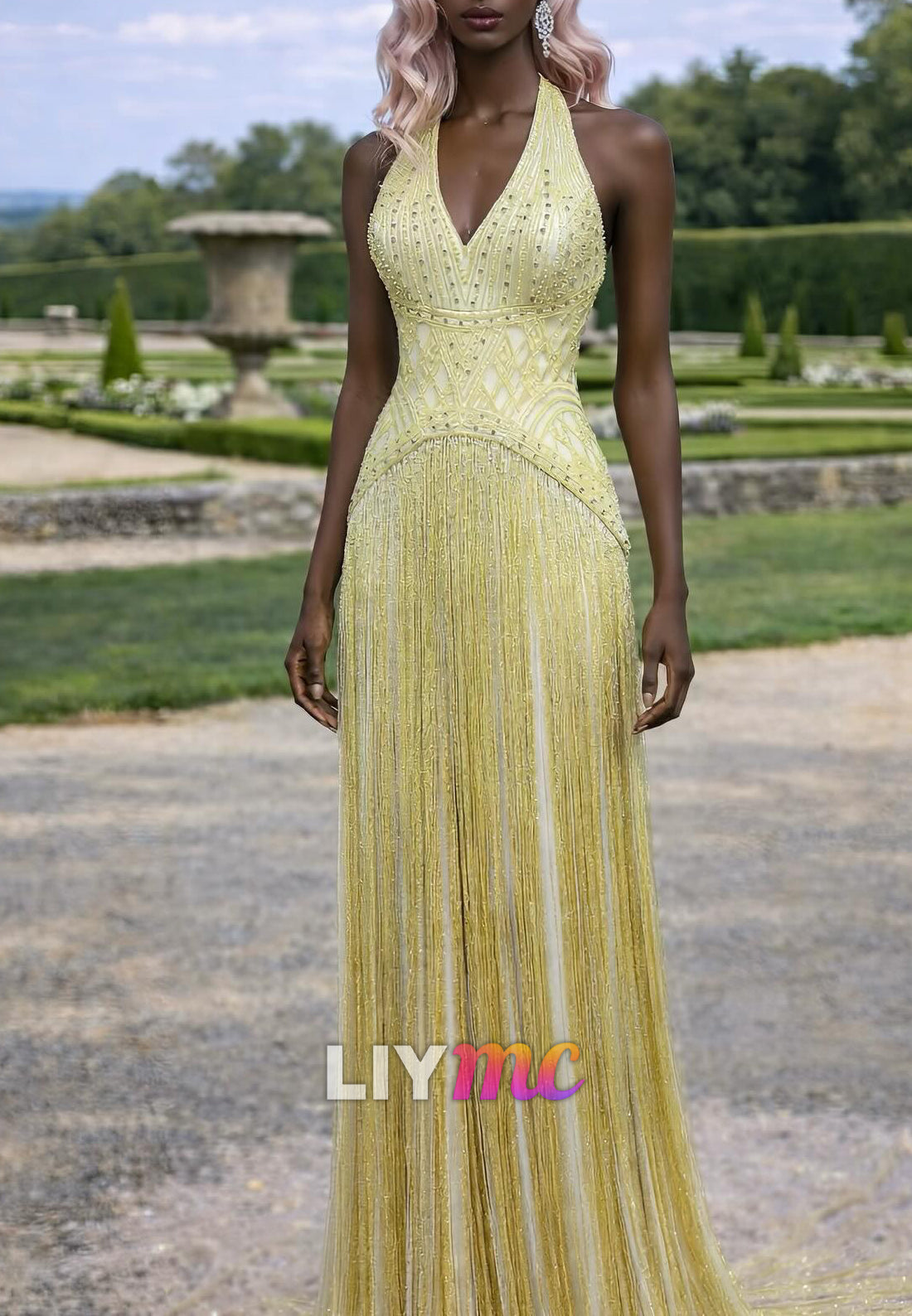 Halter V-Neck Beaded Fringe A-Line Sparkly Prom Dress