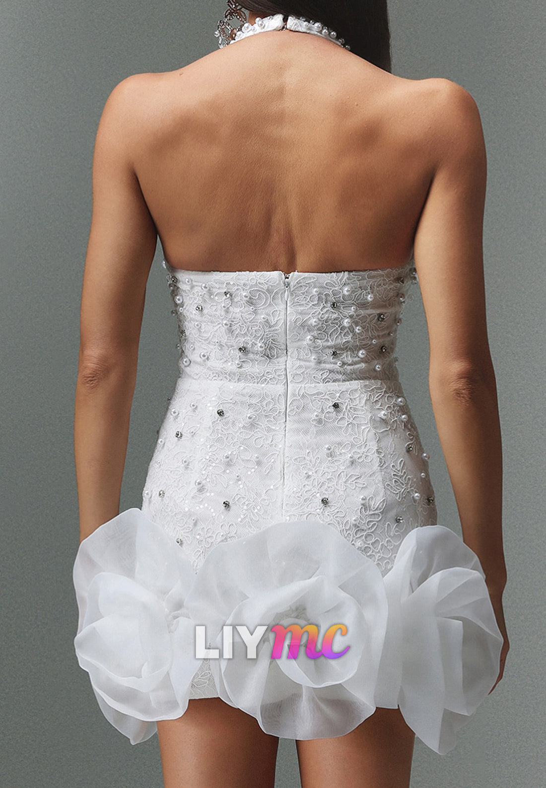Halter V-Neck Beaded Sheath Party Pearl Homecoming Dress