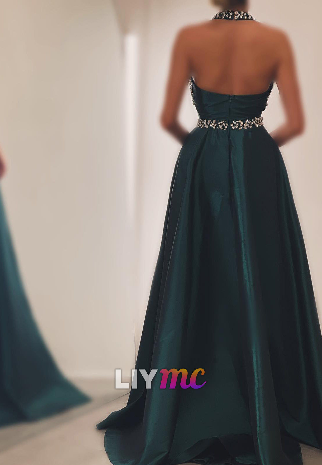 Halter V-Neck Beaded Side Slit Sheath Evening Dress