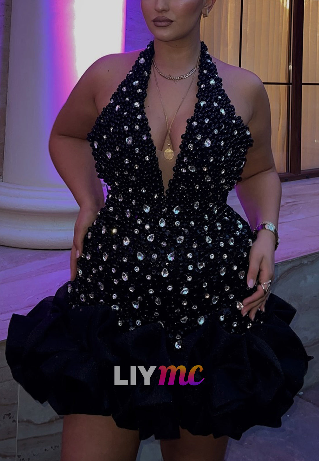 Halter V-Neck Beaded Sparkly A-Line Party Homecoming Dress