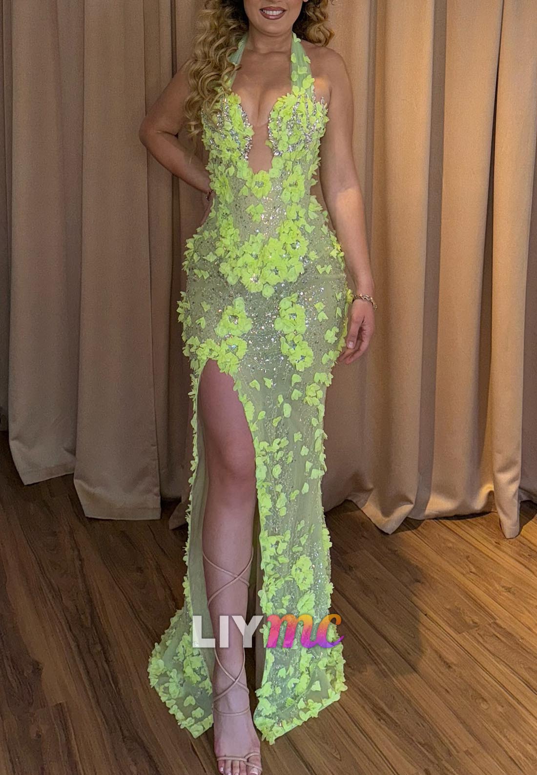 Halter V-Neck Floral Embellished Mermaid Prom Dress