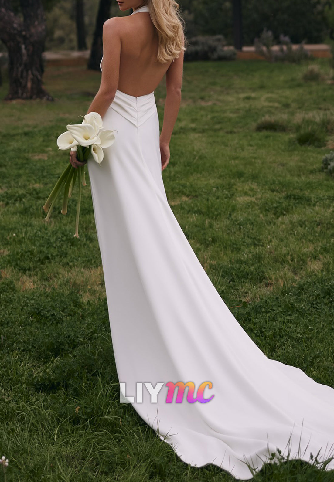 Halter V-Neck Sleeveless Backless Sleek Sheath Wedding Dress