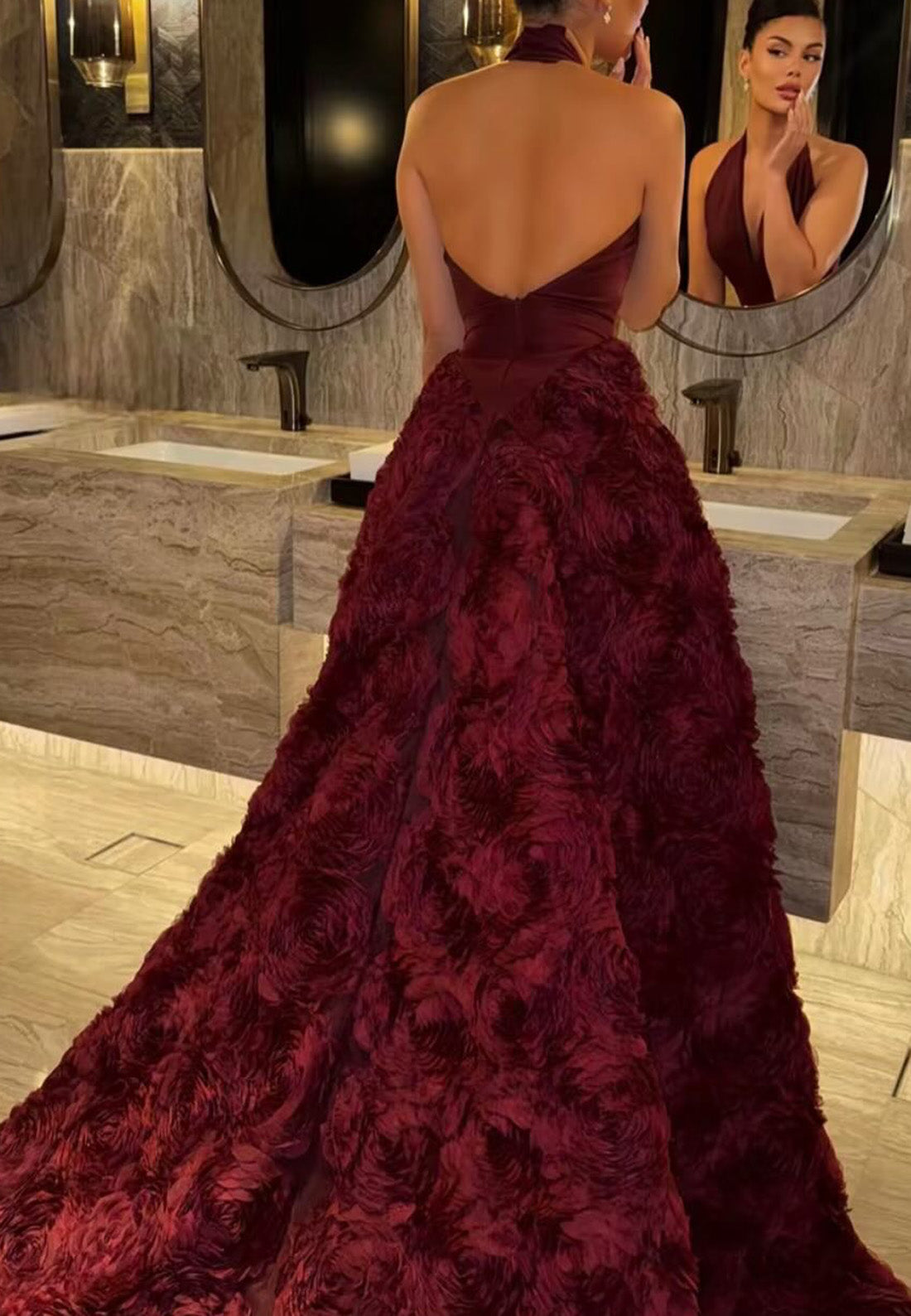 Halter V-Neck Sleeveless Floral Empire Waist A-Line Evening Dress