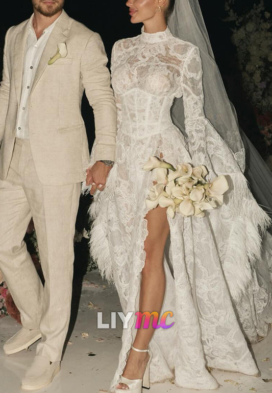 High Neck Empire Waist Appliques Long Sleeves A-Line Wedding Dress