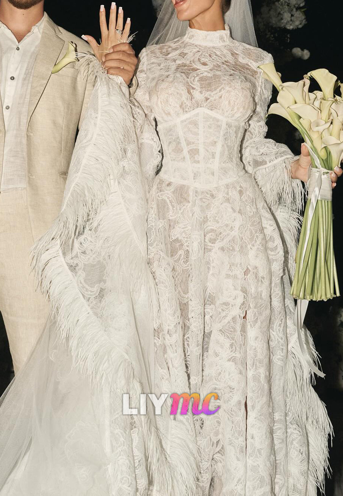 High Neck Empire Waist Appliques Long Sleeves A-Line Wedding Dress