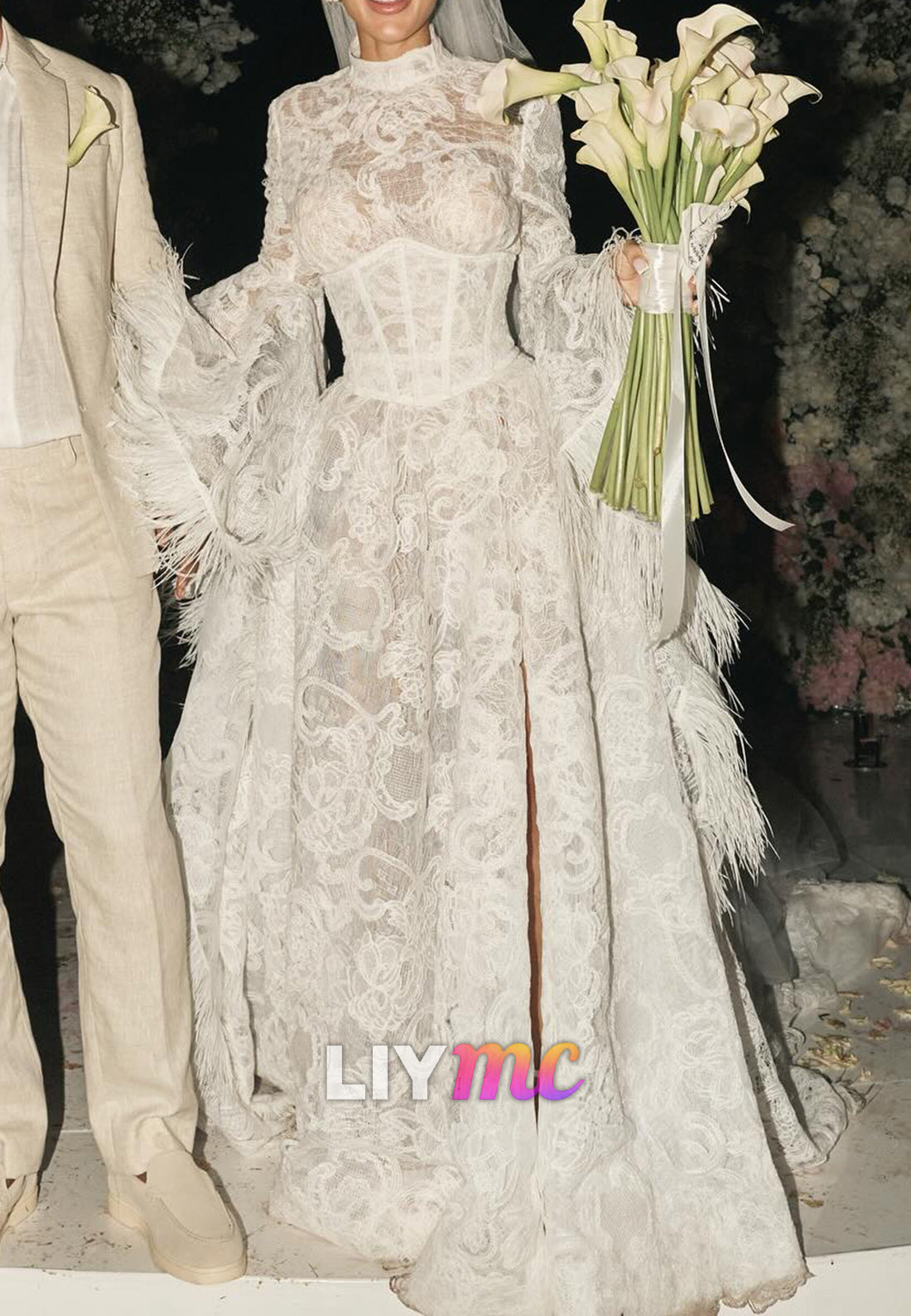 High Neck Empire Waist Appliques Long Sleeves A-Line Wedding Dress