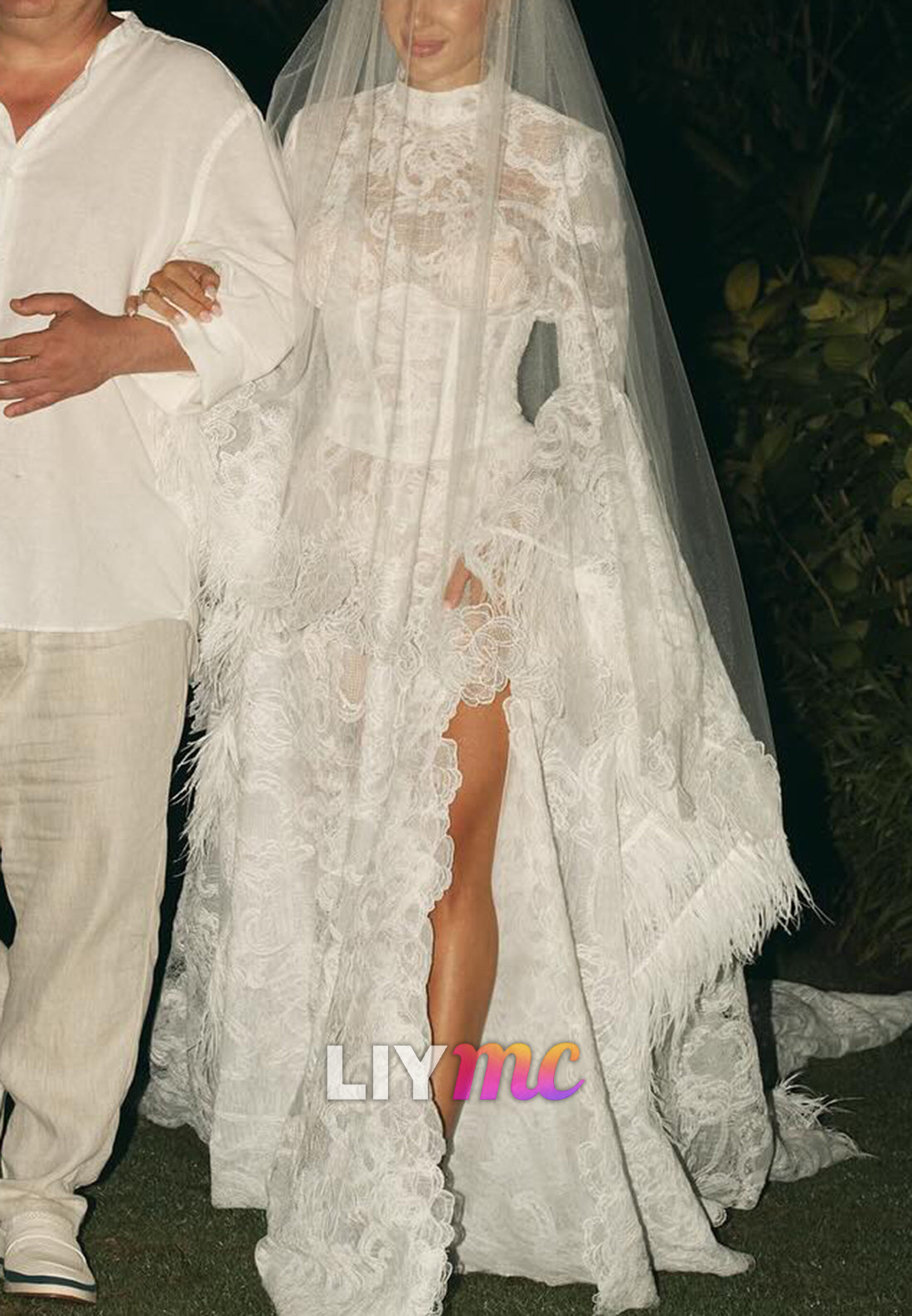 High Neck Empire Waist Appliques Long Sleeves A-Line Wedding Dress