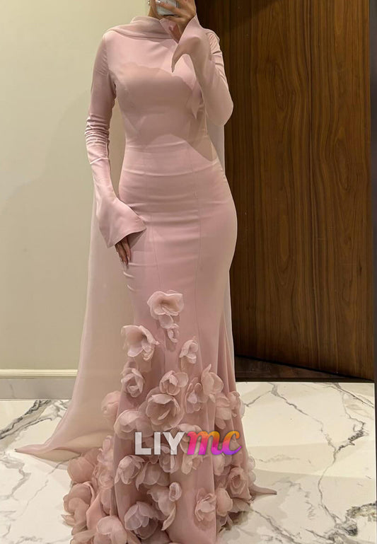 High Neck Floral Embellished Long Sleeves Mermaid Evening Dress