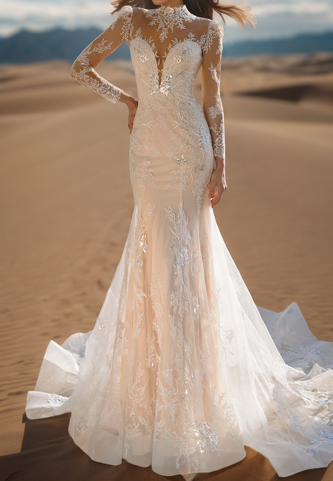 High Neck Long Sleeevs Lace Appliques Mermaid Wedding Dress