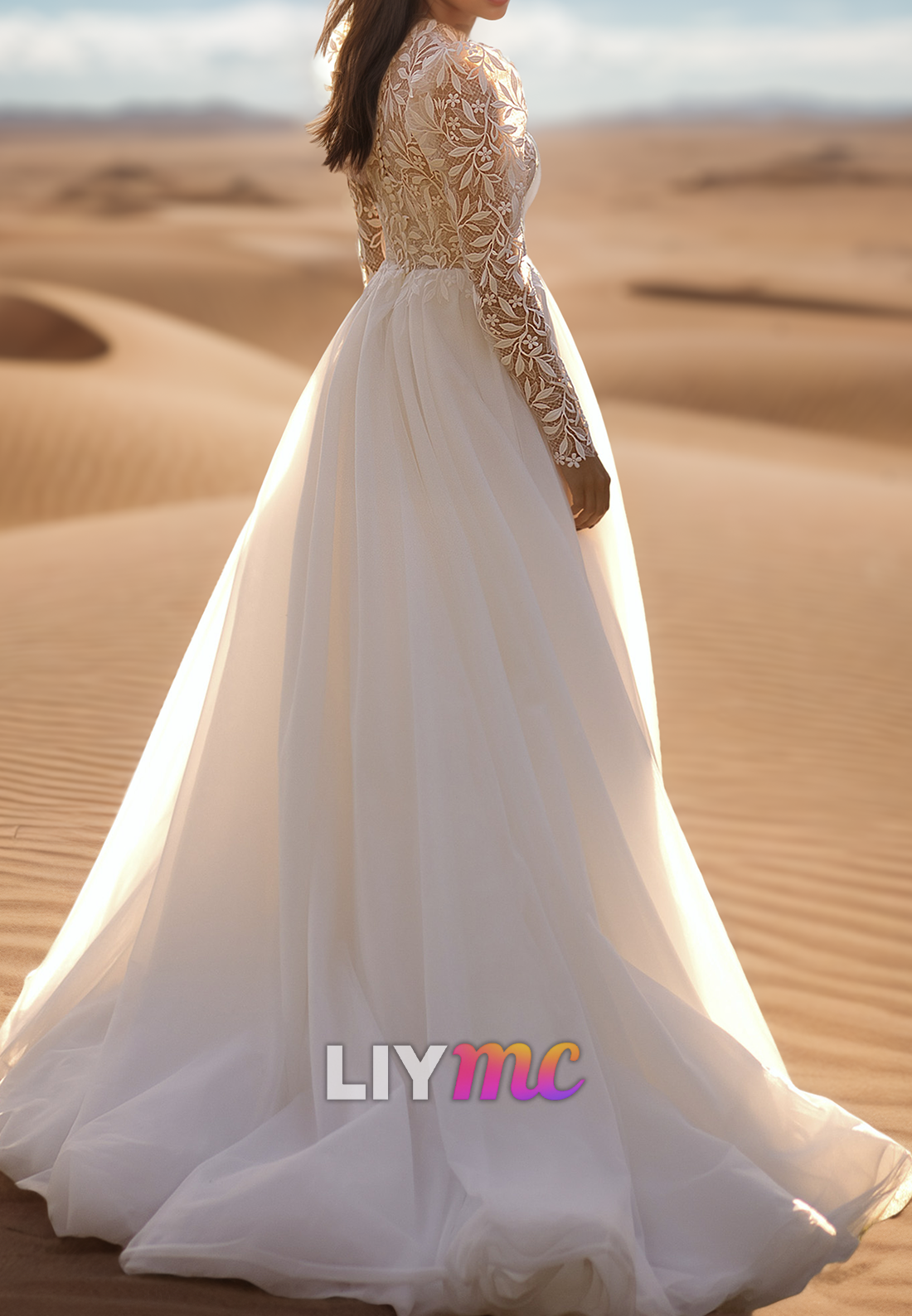 High Neck Long Sleeves Appliques Ball Gown A-Line Wedding Dress