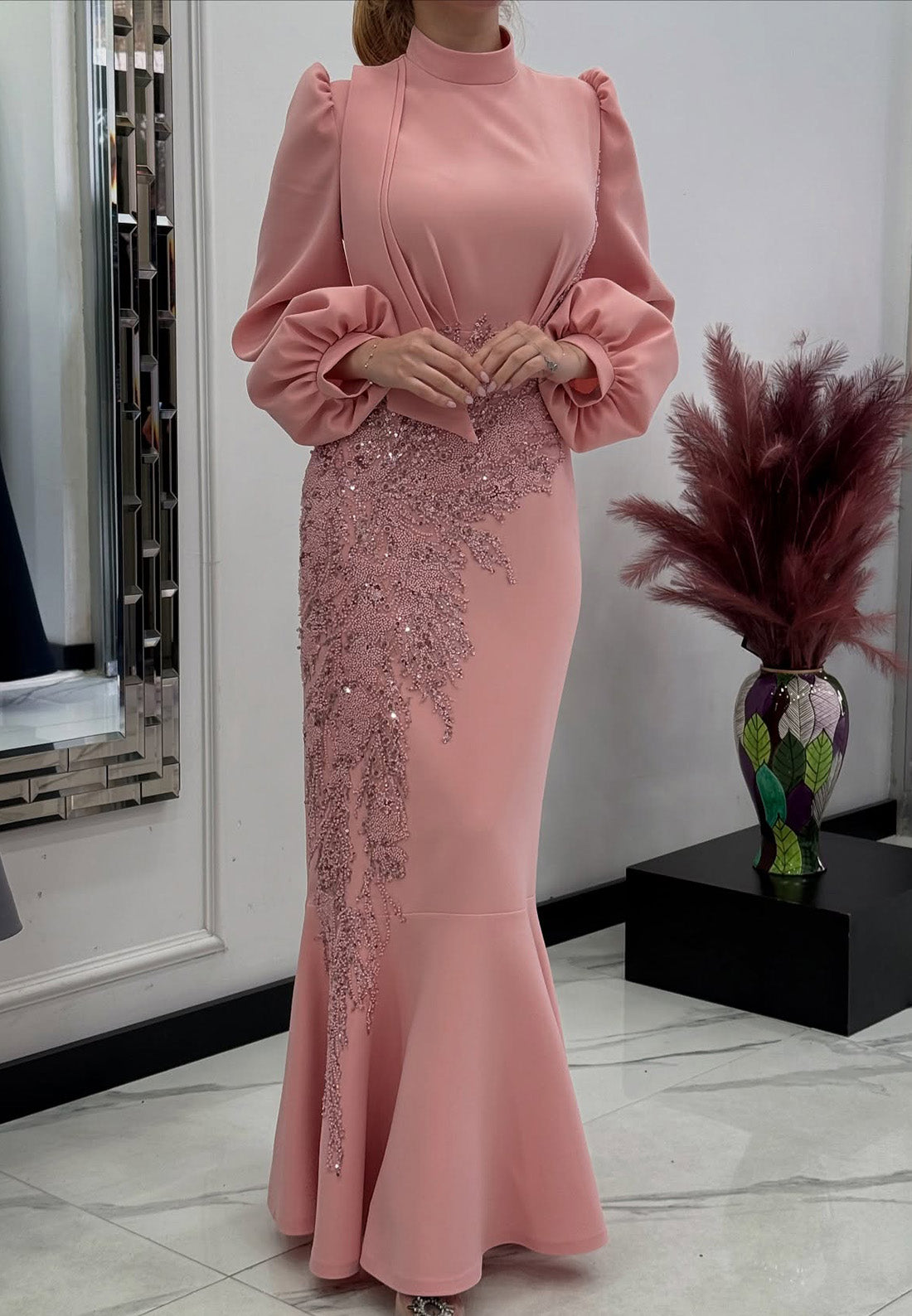 High Neck Long Sleeves Appliques Mermaid Mother of Bride Dress