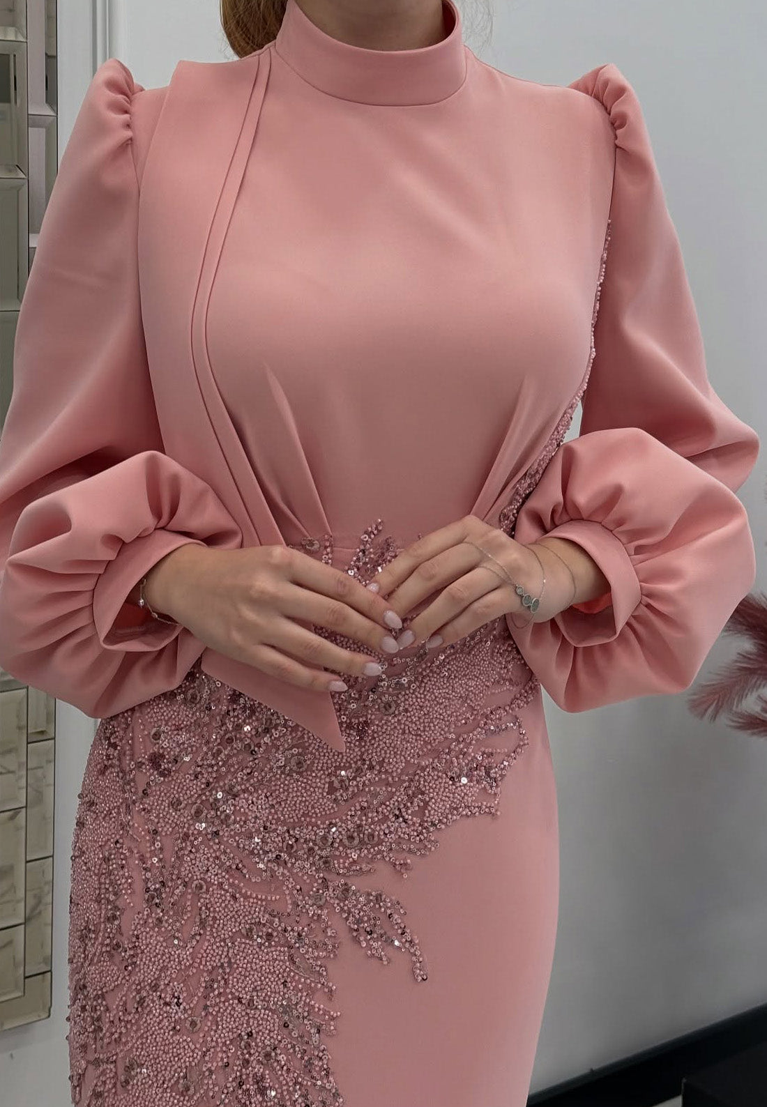 High Neck Long Sleeves Appliques Mermaid Mother of Bride Dress