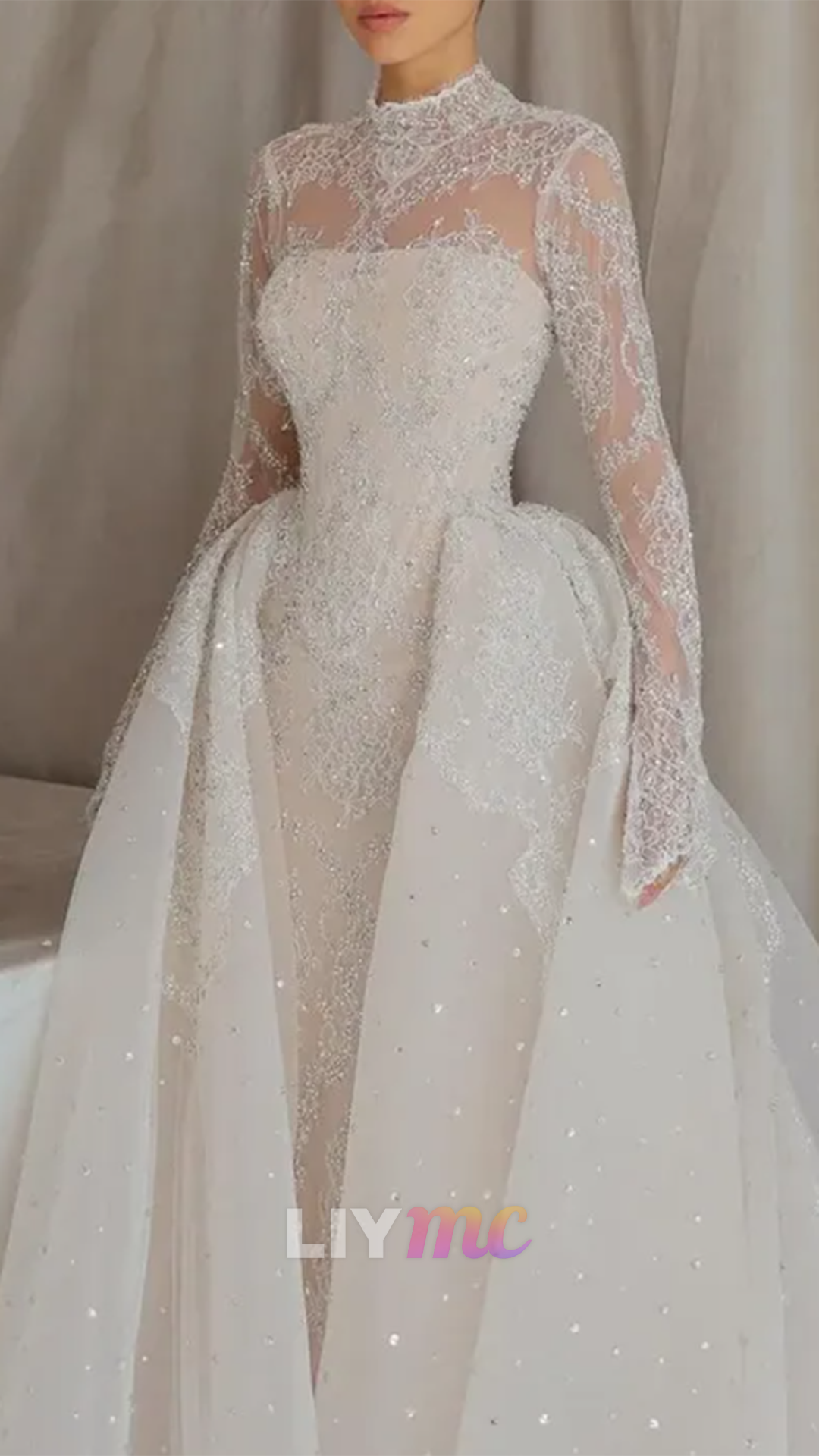 High Neck Long Sleeves Appliques Mermaid Wedding Dress