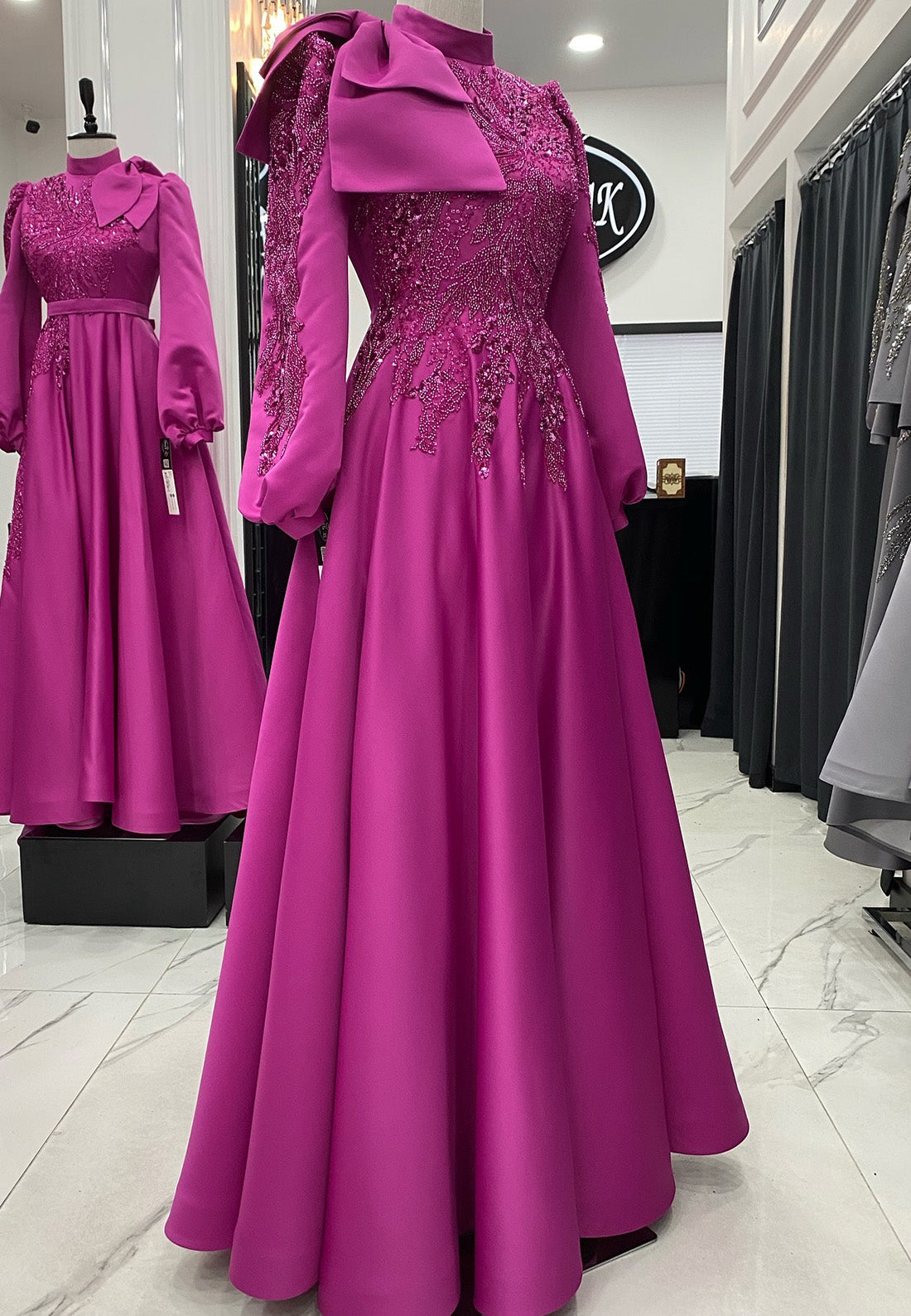 High Neck Long Sleeves Appliques Pleated A-Line Mother of Bride Dress