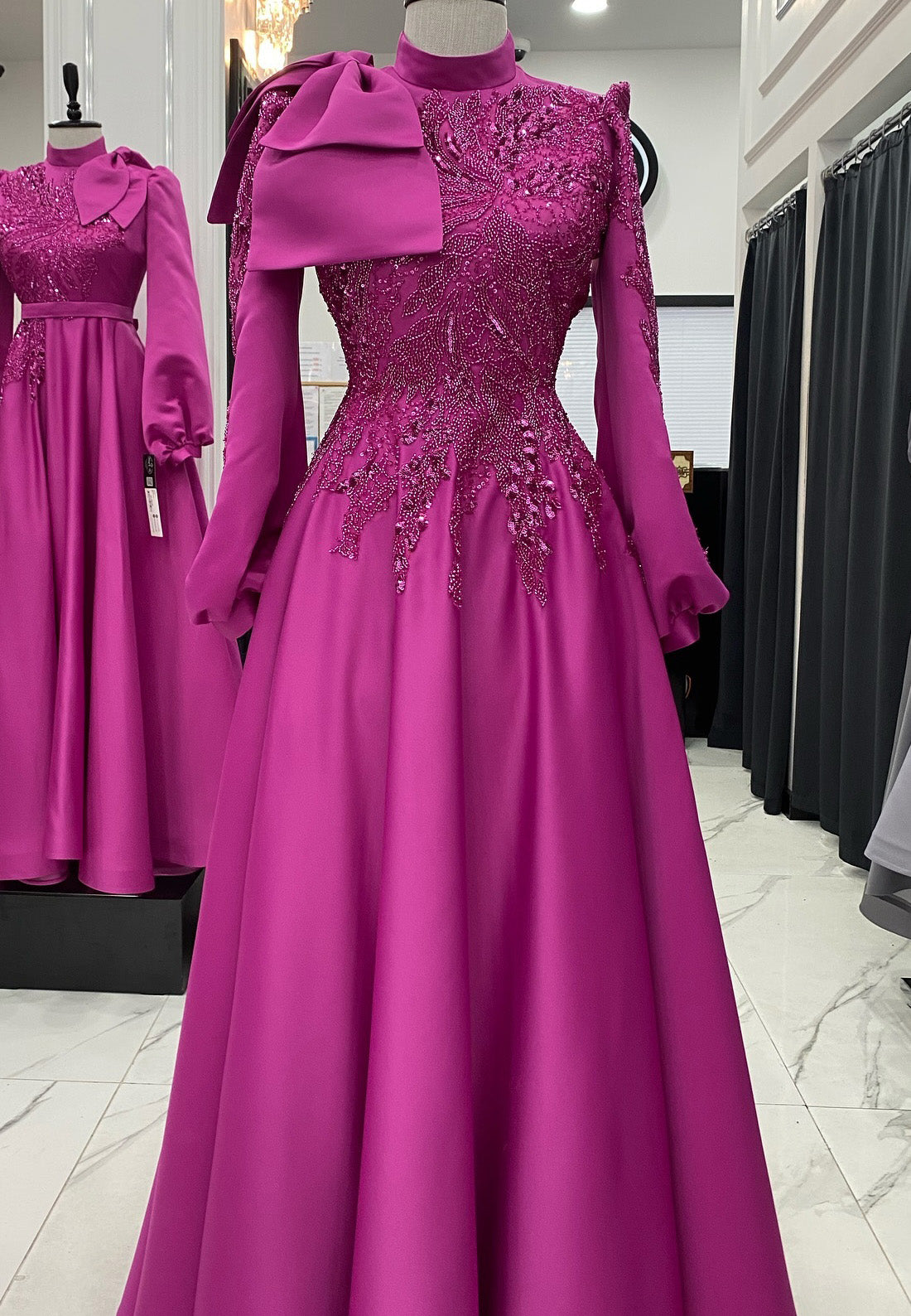 High Neck Long Sleeves Appliques Pleated A-Line Mother of Bride Dress