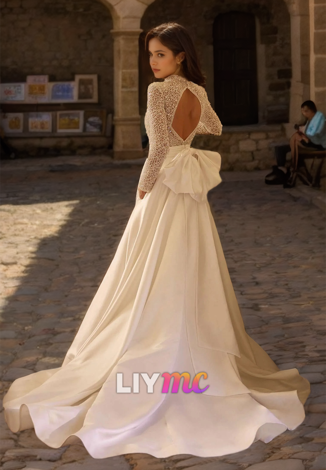 High Neck Long Sleeves Appliques Pleated Satin A-Line Wedding Dress