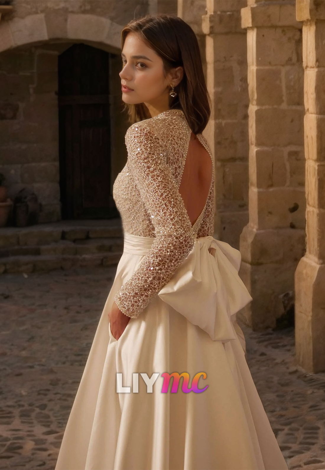 High Neck Long Sleeves Appliques Pleated Satin A-Line Wedding Dress