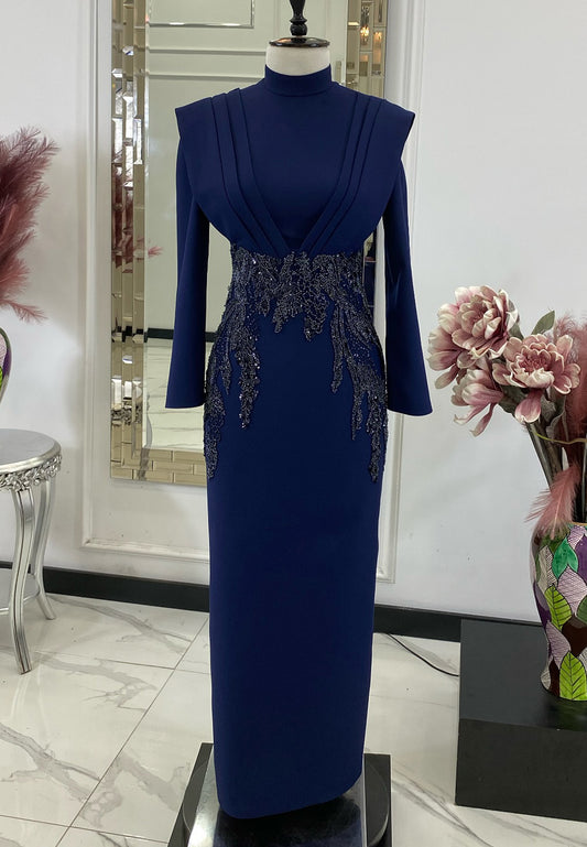 High Neck Long Sleeves Appliques Sheath Mother of Bride Dress