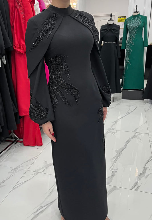 High Neck Long Sleeves Appliques Sheath Mother of Bride Dress