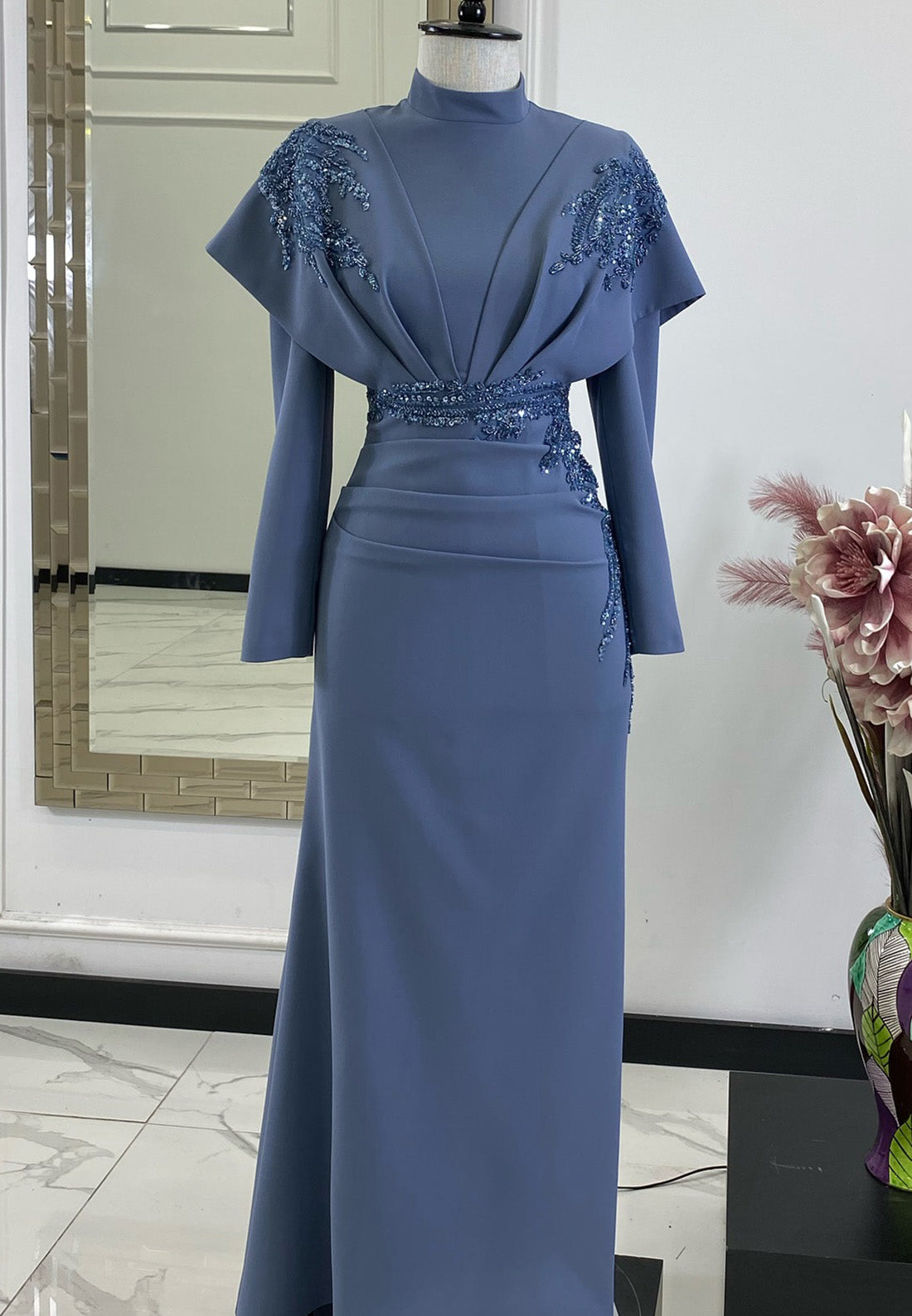 High Neck Long Sleeves Appliques Sheath Mother of Bride Dress