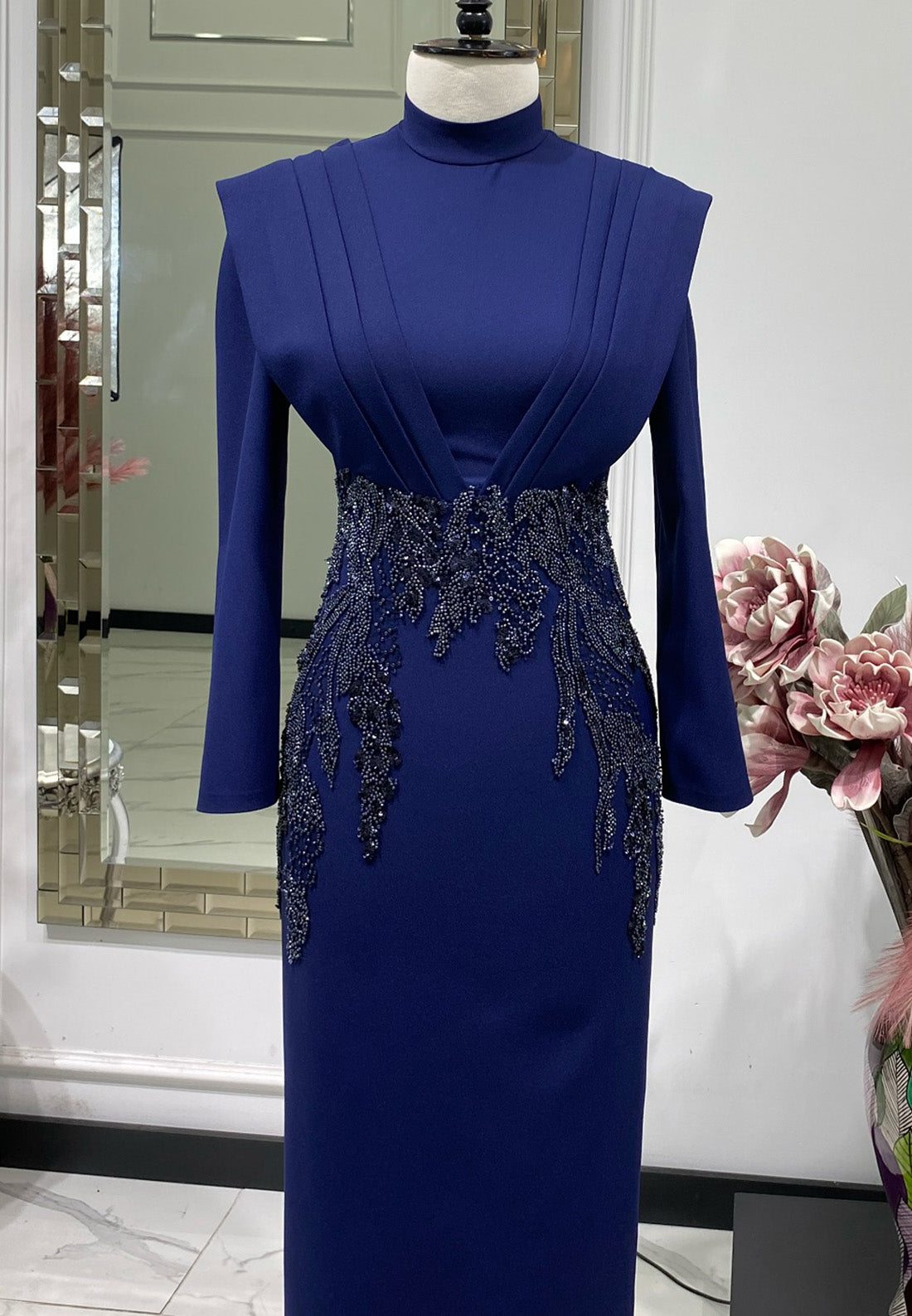 High Neck Long Sleeves Appliques Sheath Mother of Bride Dress