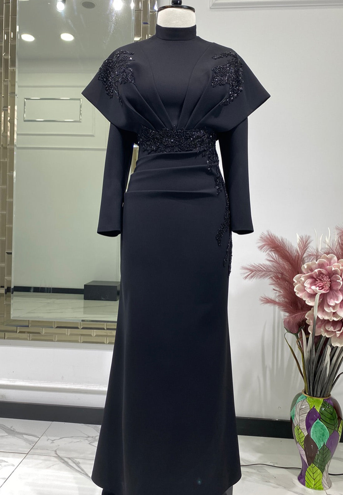 High Neck Long Sleeves Appliques Sheath Mother of Bride Dress