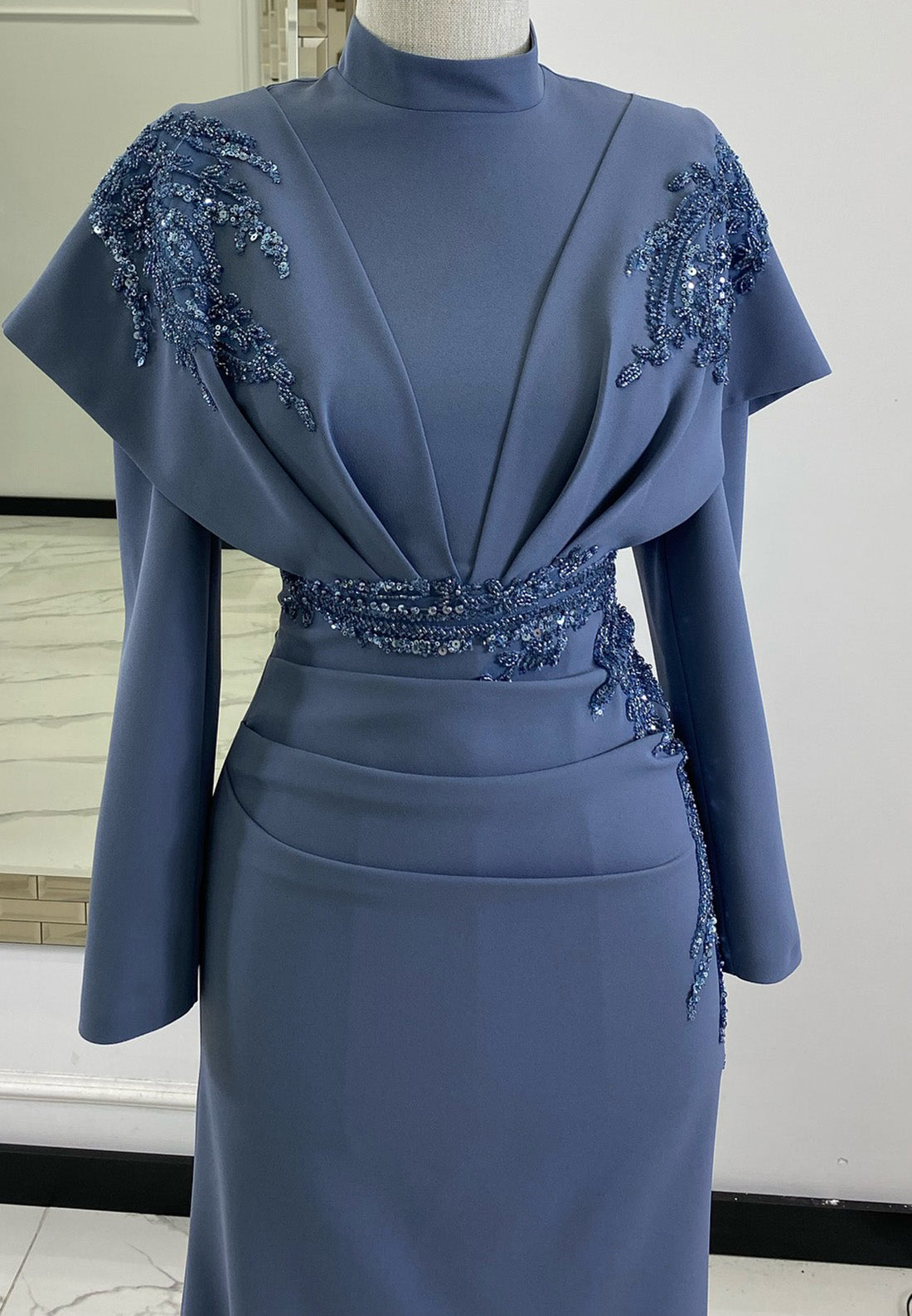 High Neck Long Sleeves Appliques Sheath Mother of Bride Dress