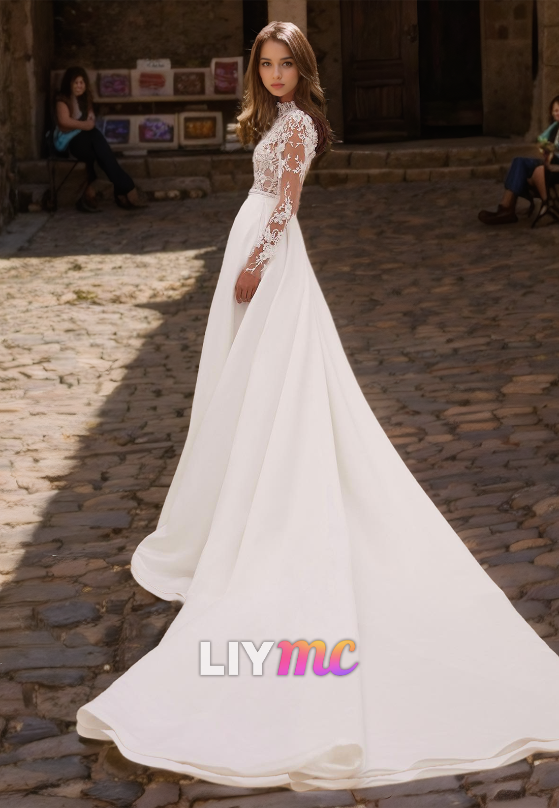 High Neck Long Sleeves Appliques Sleek A-Line Wedding Dress