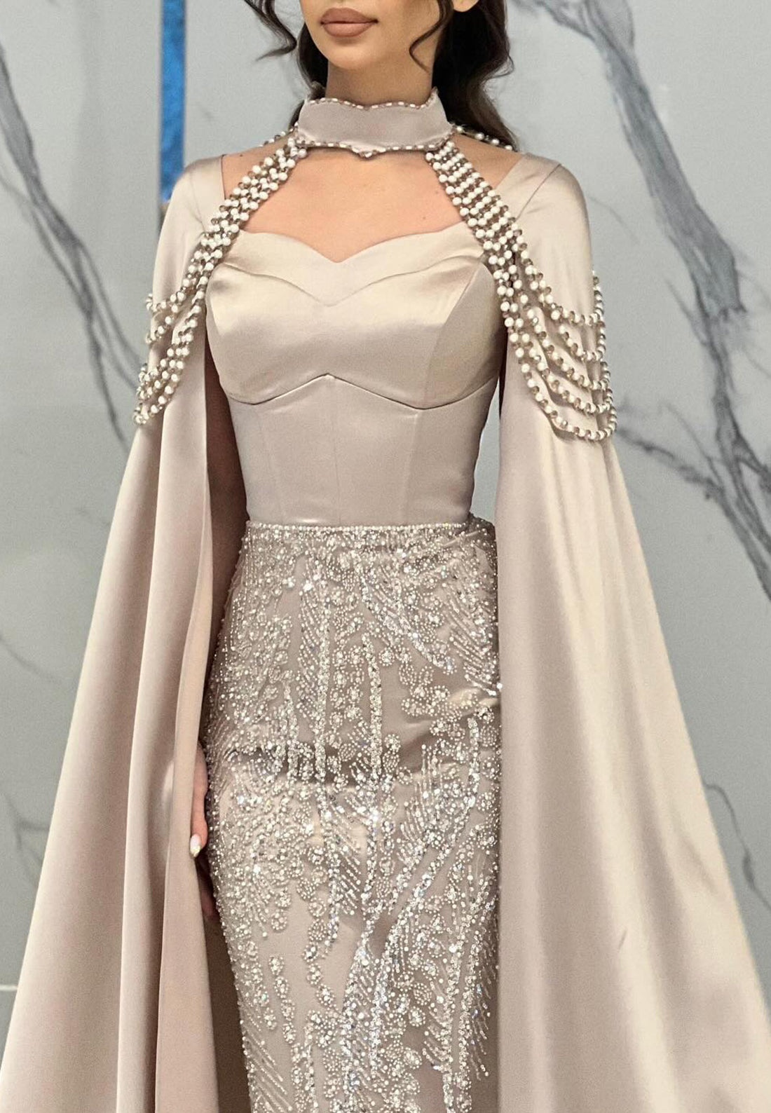 High Neck Long Sleeves Beaded Emboridery Mermaid Evening Dress