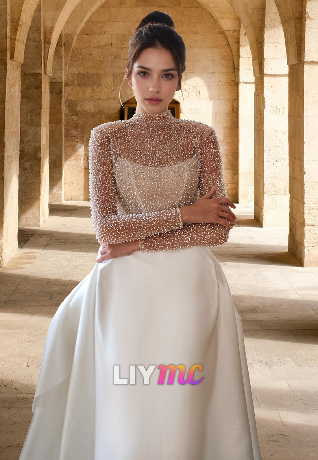 High Neck Long Sleeves Beaded Emboridery Satin A-Line Wedding Dress