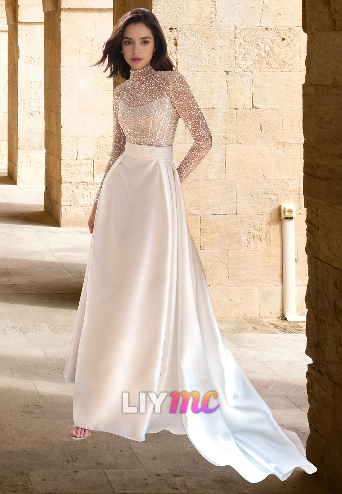 High Neck Long Sleeves Beaded Emboridery Satin A-Line Wedding Dress