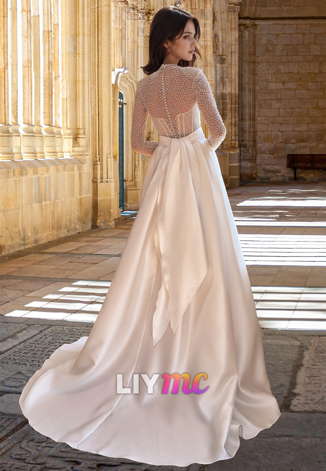 High Neck Long Sleeves Beaded Emboridery Satin A-Line Wedding Dress