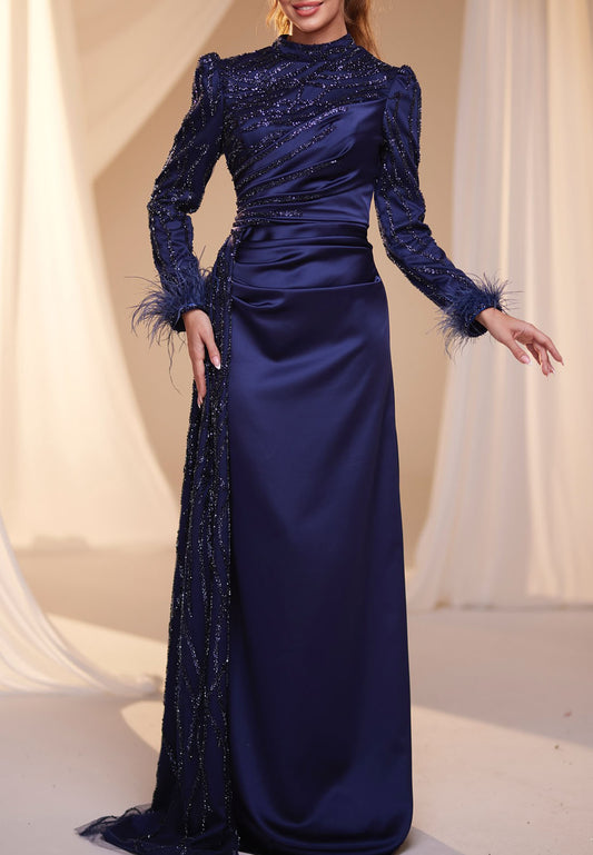 High Neck Long Sleeves Beaded Emboridery Sheath Mother of Bride Dress