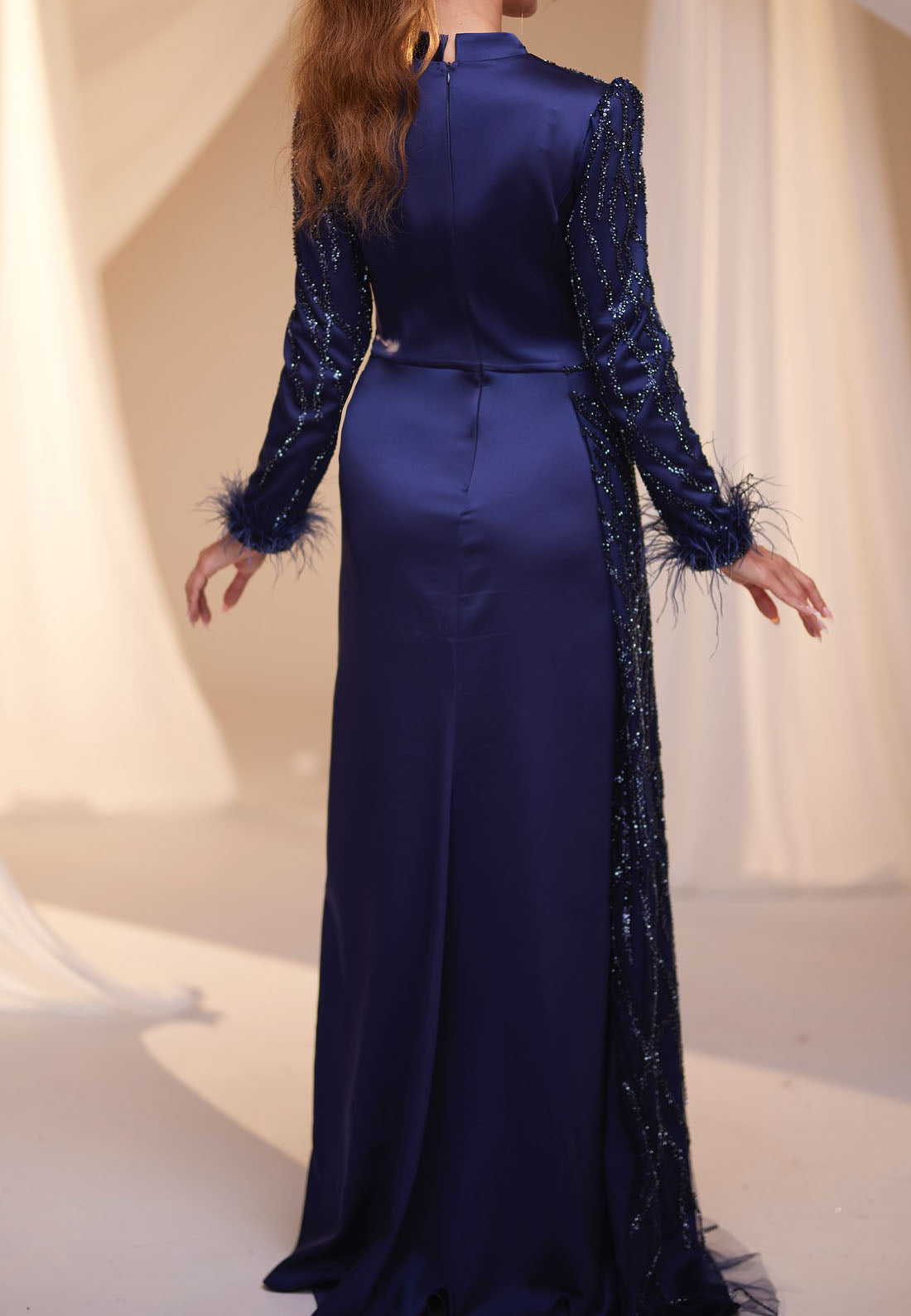 High Neck Long Sleeves Beaded Emboridery Sheath Mother of Bride Dress