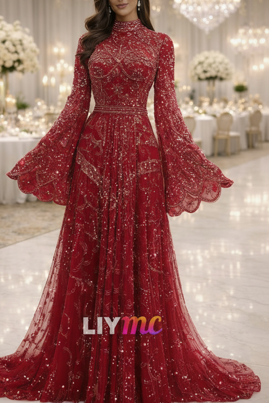 High Neck Long Sleeves Beaded Embroidery A-Line Evening Dress