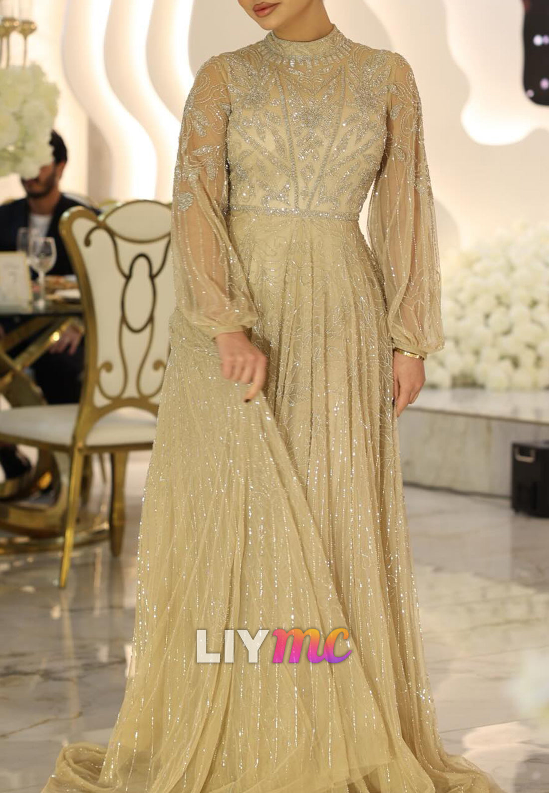 High Neck Long Sleeves Beaded Embroidery A-Line Prom Dress