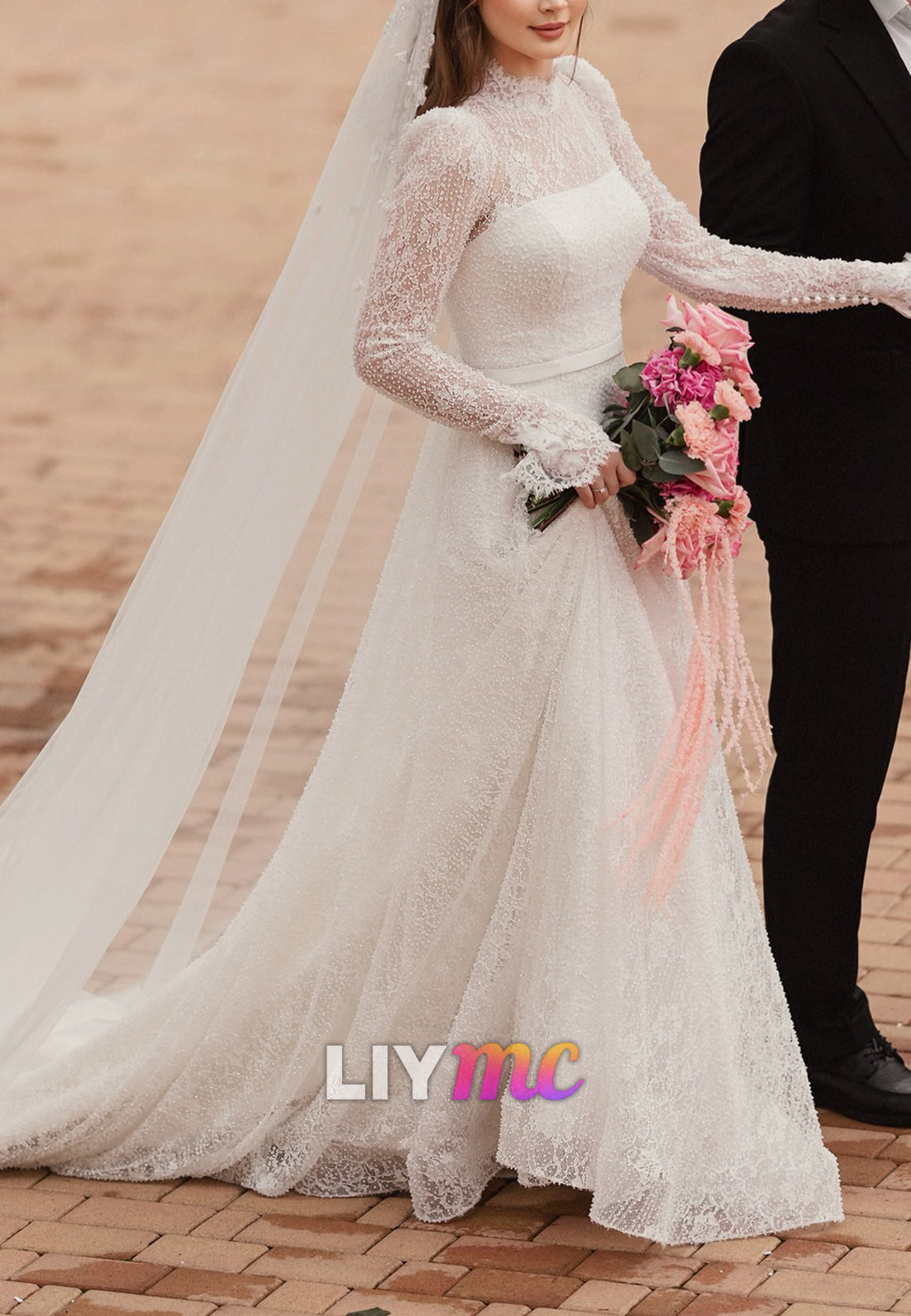 High Neck Long Sleeves Beaded Embroidery Appliques A-Line Wedding Dress