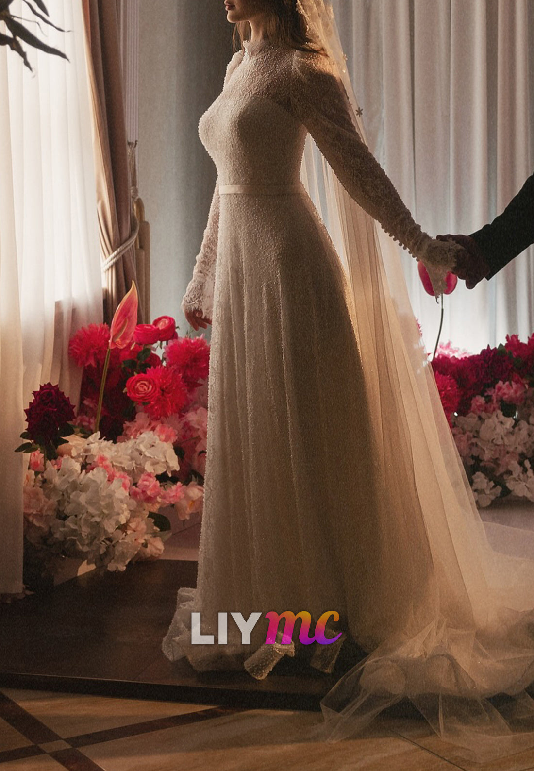 High Neck Long Sleeves Beaded Embroidery Appliques A-Line Wedding Dress