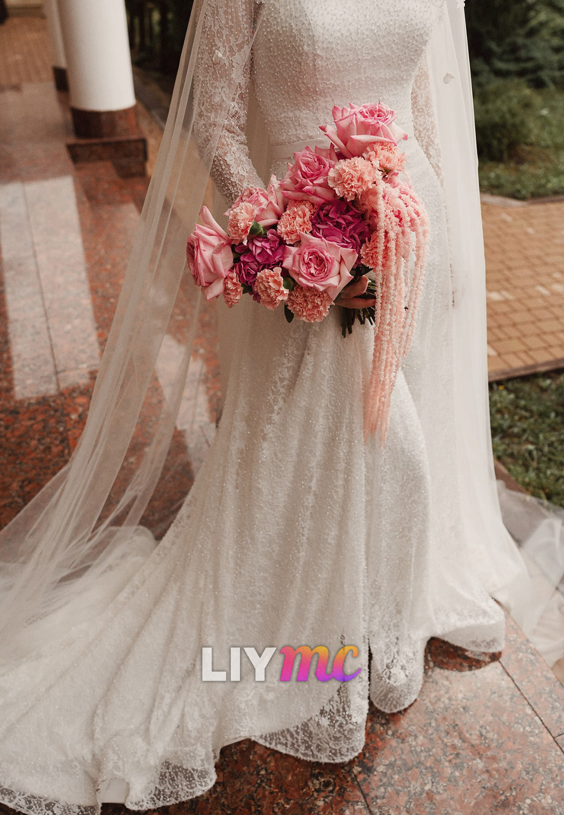 High Neck Long Sleeves Beaded Embroidery Appliques A-Line Wedding Dress