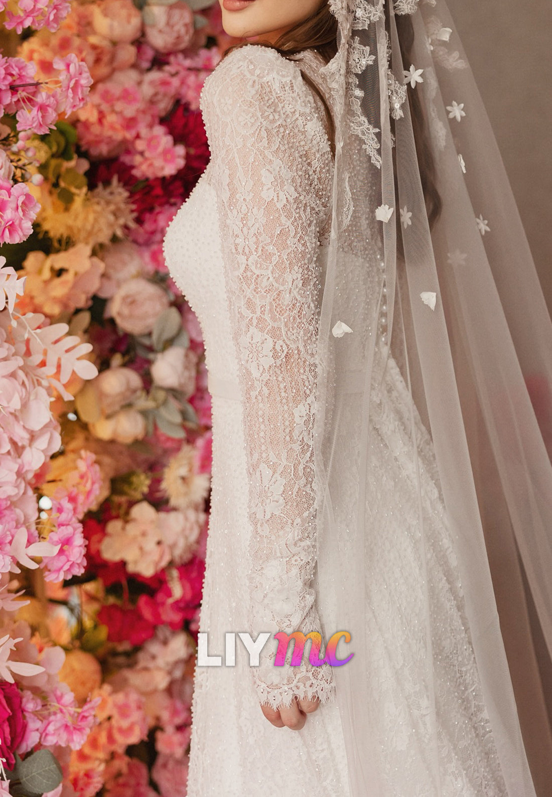 High Neck Long Sleeves Beaded Embroidery Appliques A-Line Wedding Dress