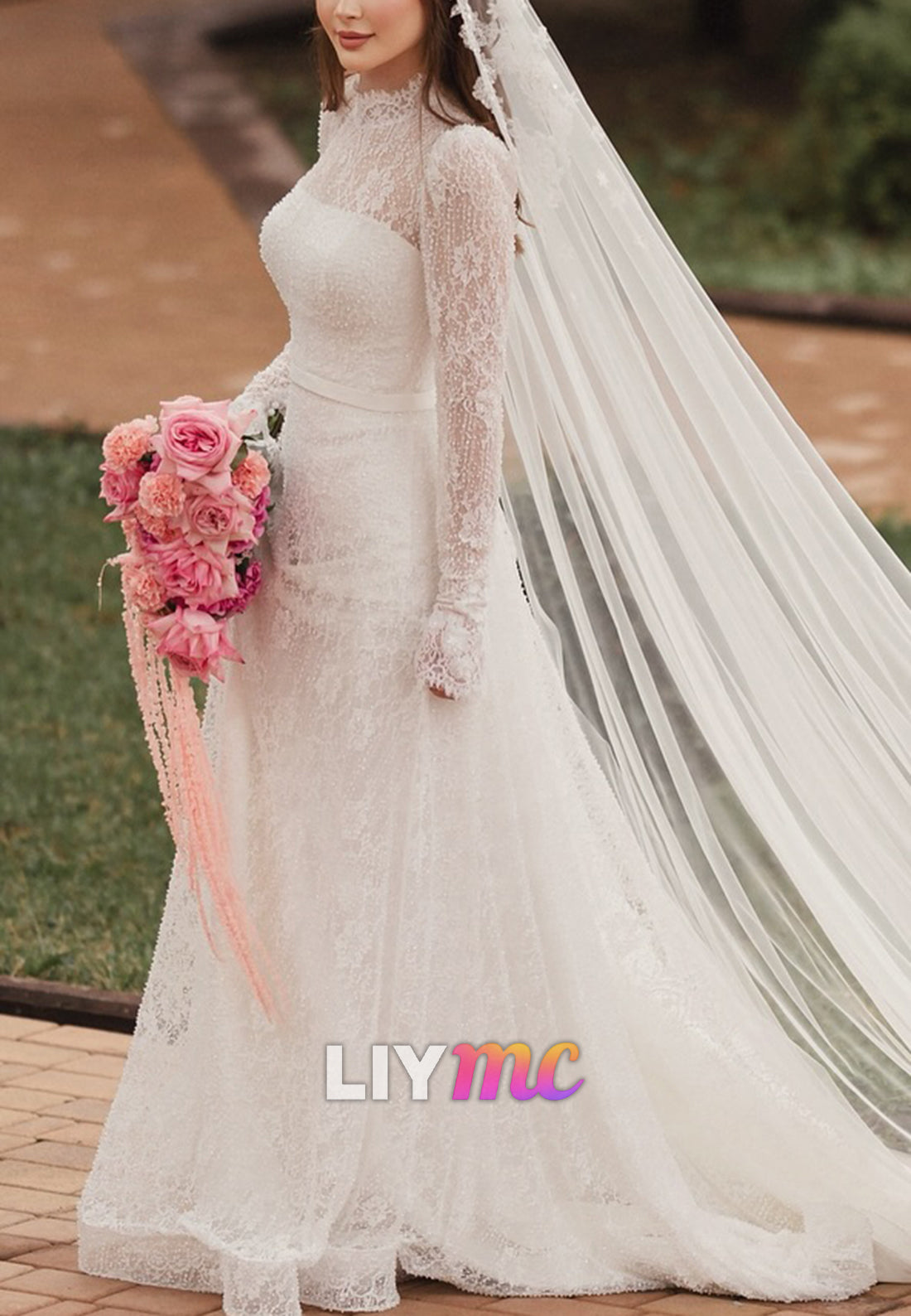 High Neck Long Sleeves Beaded Embroidery Appliques A-Line Wedding Dress
