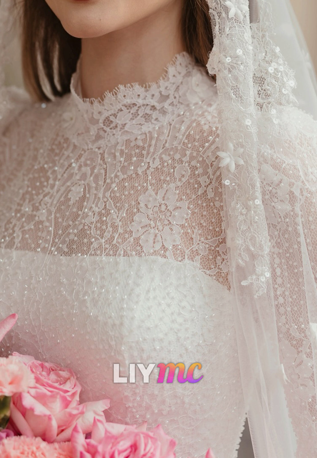High Neck Long Sleeves Beaded Embroidery Appliques A-Line Wedding Dress