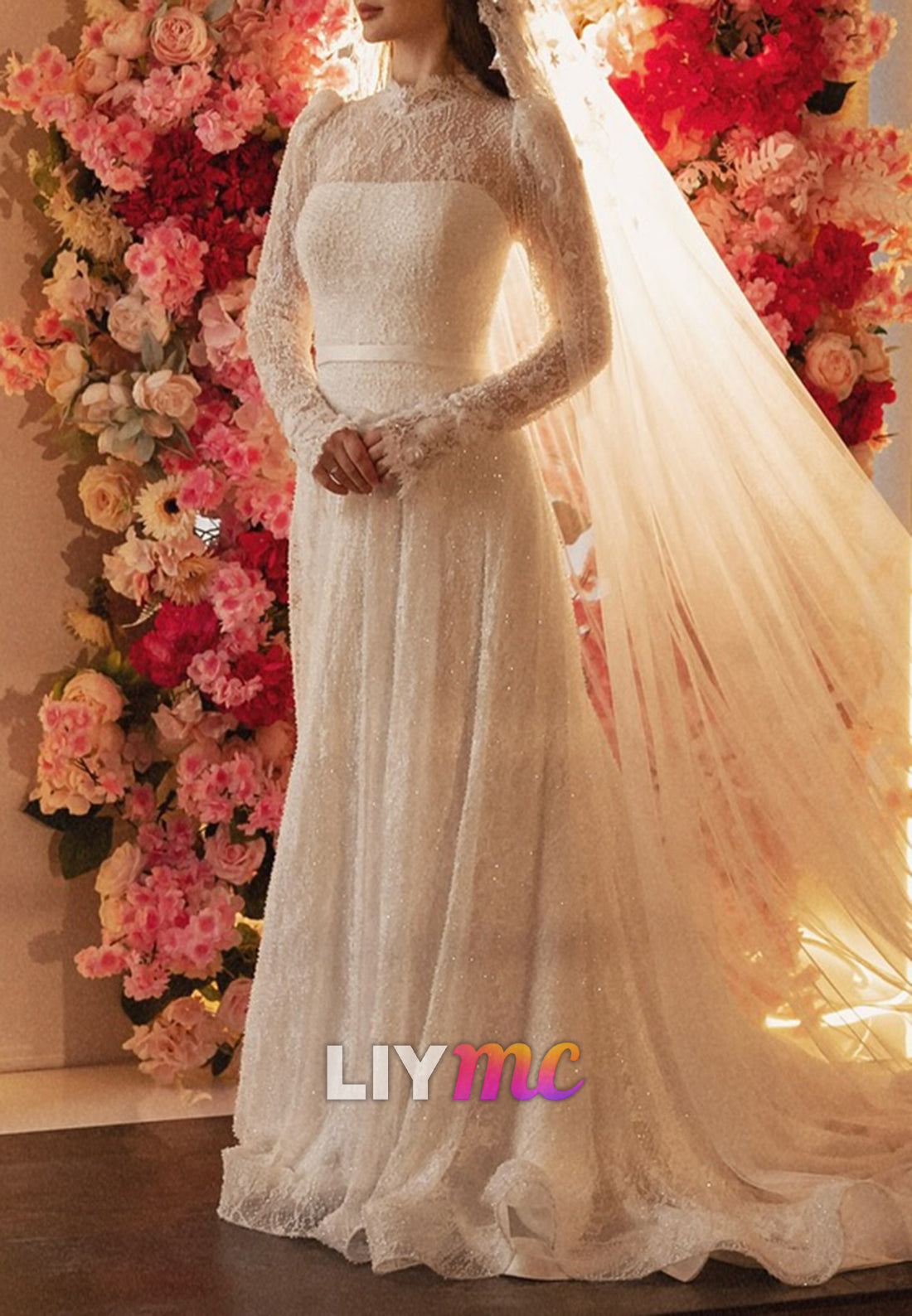 High Neck Long Sleeves Beaded Embroidery Appliques A-Line Wedding Dress