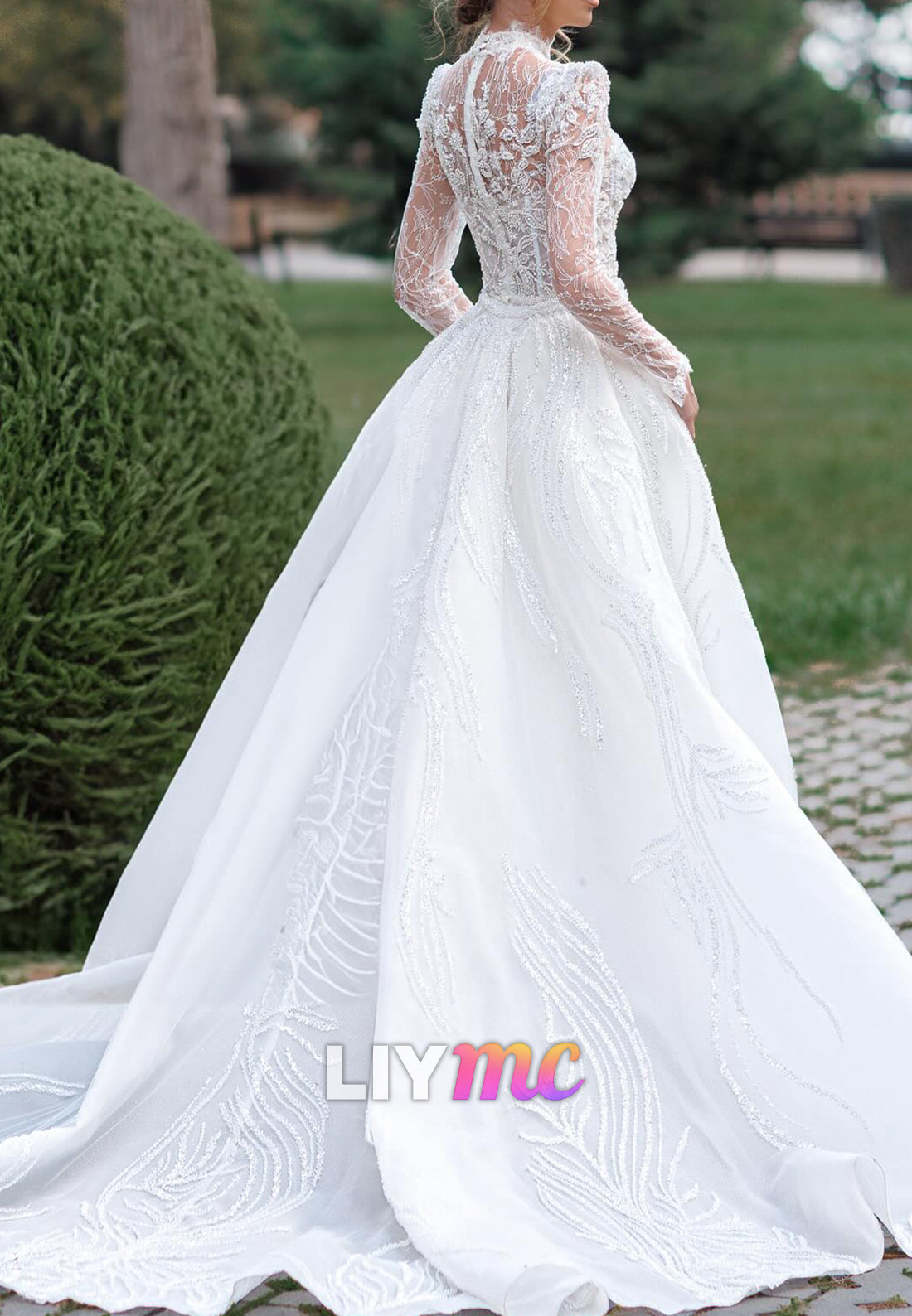 High Neck Long Sleeves Beaded Embroidery Appliques Sheath Wedding Dress