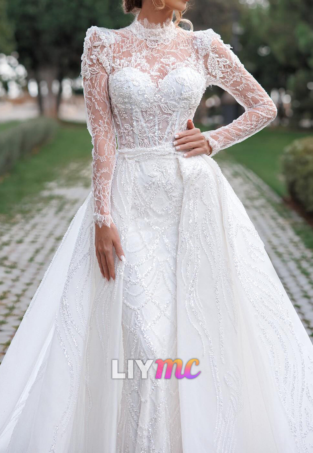High Neck Long Sleeves Beaded Embroidery Appliques Sheath Wedding Dress