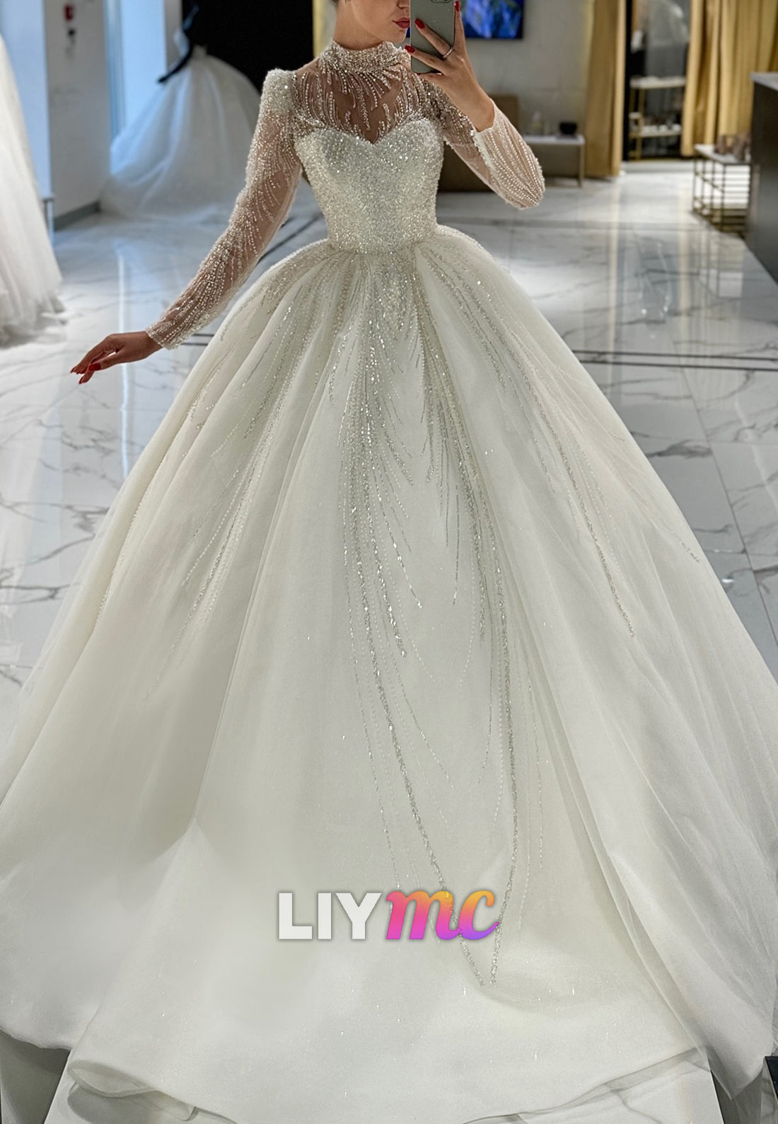 High Neck Long Sleeves Beaded Embroidery Ball Gown Wedding Dress