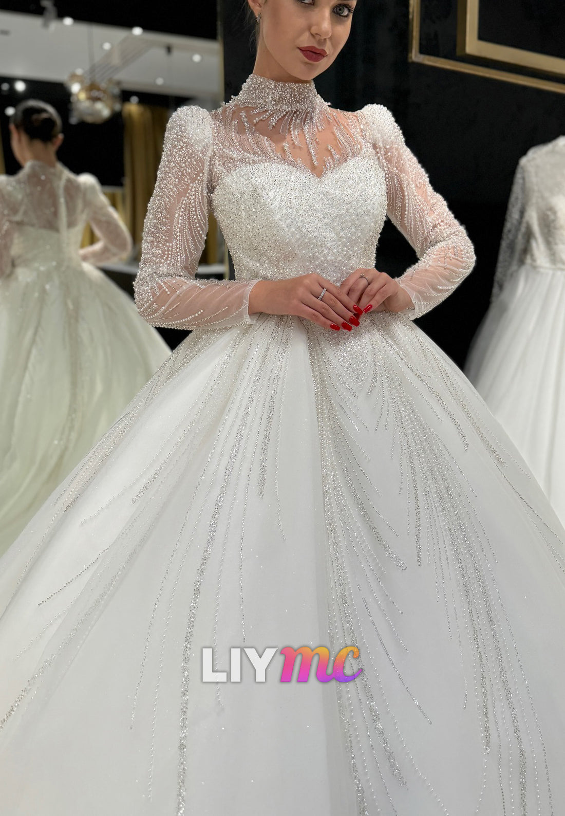 High Neck Long Sleeves Beaded Embroidery Ball Gown Wedding Dress