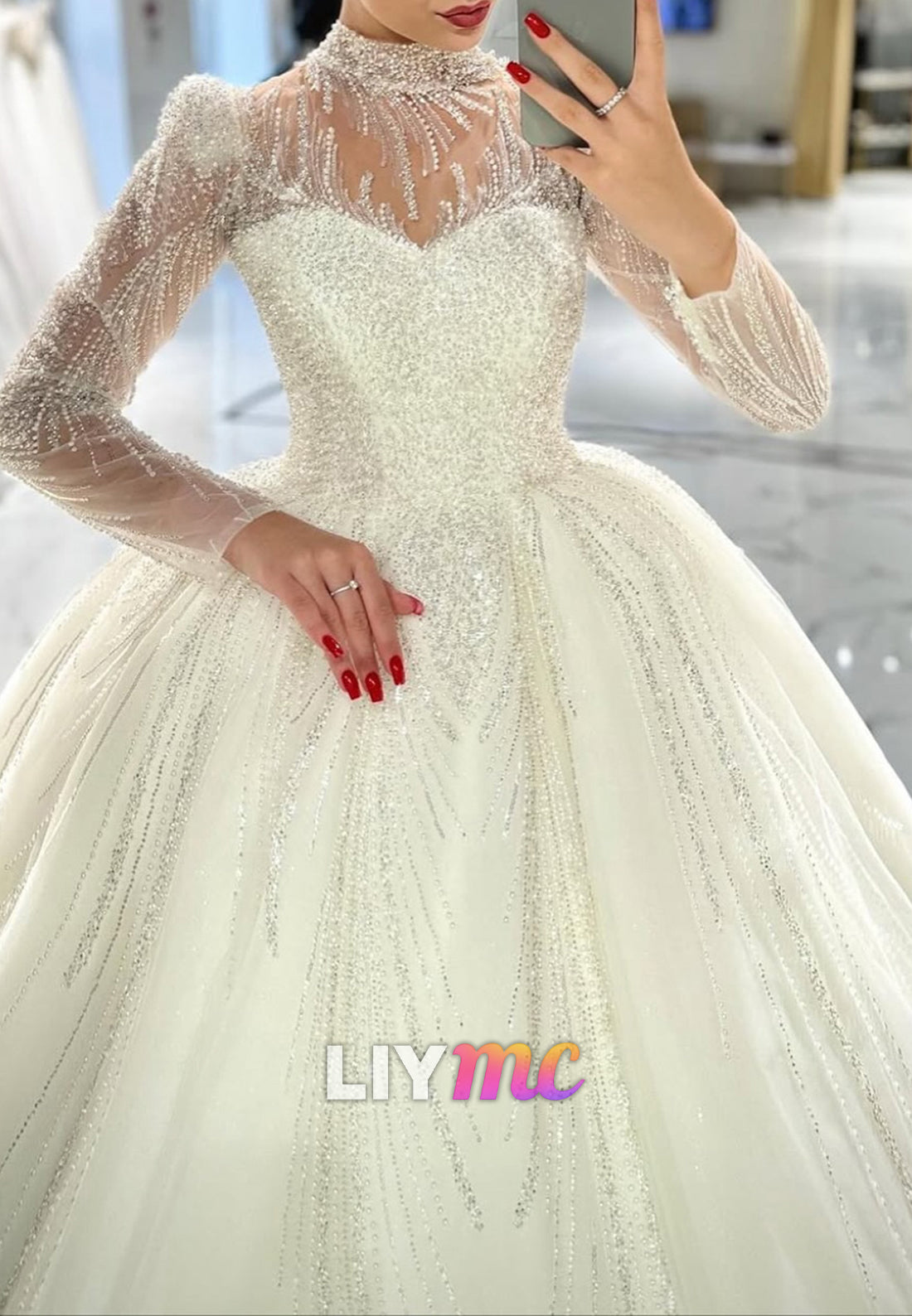 High Neck Long Sleeves Beaded Embroidery Ball Gown Wedding Dress