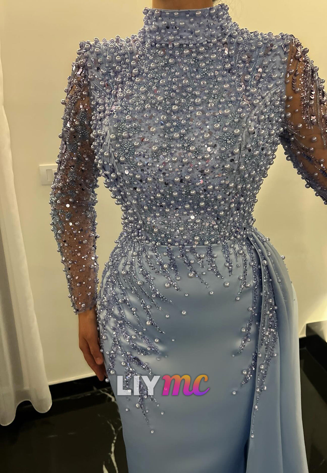 High Neck Long Sleeves Beaded Embroidery Mermaid Evening Dress